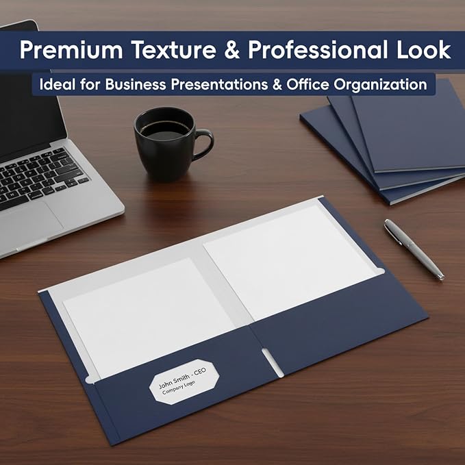 VZCPYTPM 50 Pack Navy Blue Folders with Pockets,2 Pocket File Folders for Letter Size (8.5 x 11 Inch),Professional Design with Business Card Slot for Office and School Organization