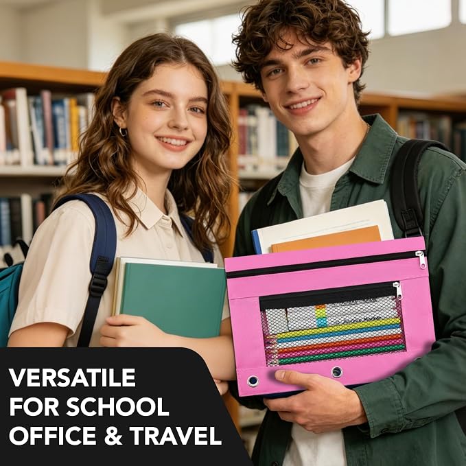 3 Ring Pencil Pouch for Binder, 2-Pocket Zipper Pencil Case with Clear Window & Mesh Pocket, Heavy Duty 600D Oxford Fabric Binder Pouch for School Office Supplies, Fits Standard 3-Ring Binders, Pink