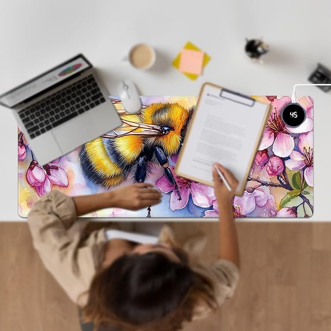 Heated Desk Pad Large Mouse Pad 31.5 x 13 inch with 3 Levels Heating & Auto Shut-Off Warm Mouse pad PU Leather Computer Mousepad for Home Office Work - Cherry Blossom and Bee