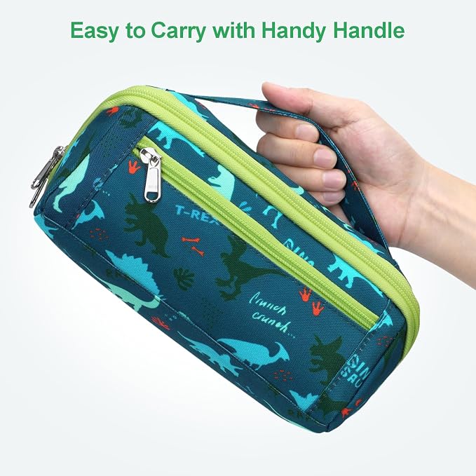 Large Pencil Case for Boys - Aesthetic Pencil Pouch for School | Kids Pencil Case & Wide Handle, Water Resistent Organizer Box, Fits 50 Pens & Markers, Daily Use, Green Dinasour