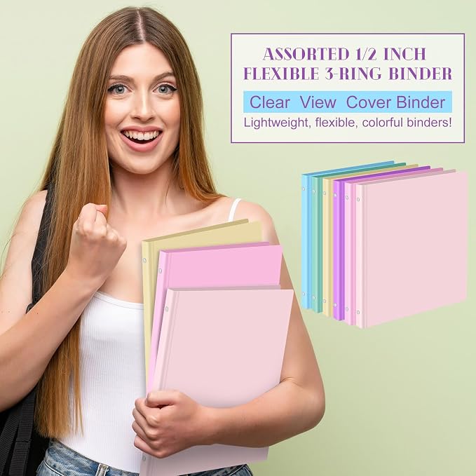 Fulmoon 6 Pack Plastic 3 Ring Binder Assorted Colors Economy Flexible Round Ring Presentation Binders with Pocket for Office School Meeting(1.5 Inch,Pastel Colors)