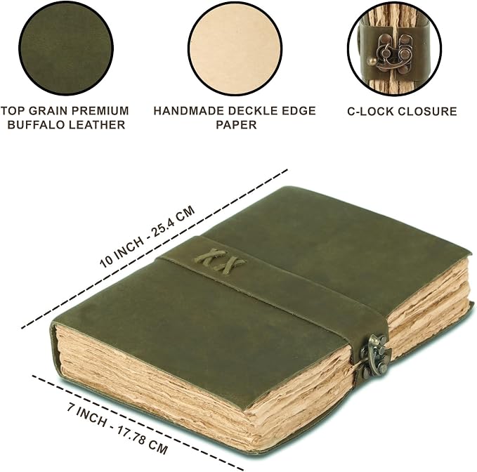 Vintage Leather Journal Handmade Buffalo Deckle Edge Paper – Leather Bound Journal for Women Men Vintage C-Lock Closure Ideal for Writing & Travel for Artists