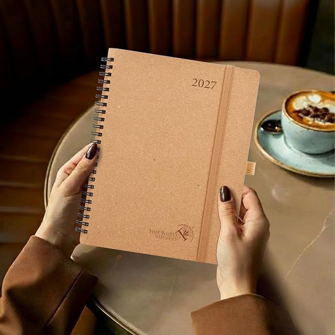 POPRUN 2027 Planner, 6.5''x8.5'' Recycled Paper Weekly and Monthly Calendar | Daily Calendar Book with Italian Regenrated Leather, Appointment Book with Hourly Time Slots, Pen Holder - Desert Brown