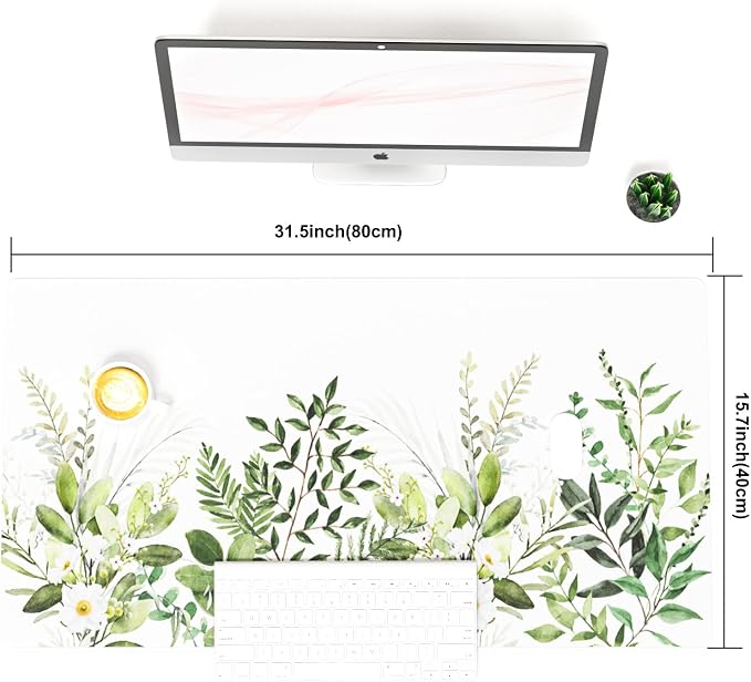 Colorful Star Green Leaves Waterproof Office Desk Mat, 31.5" x 15.7" | Non-Slip Large Computer Gaming Mouse Pad, XXL PC Laptop Protector Pads, PU Leather Desk Writing Pads for Office Home