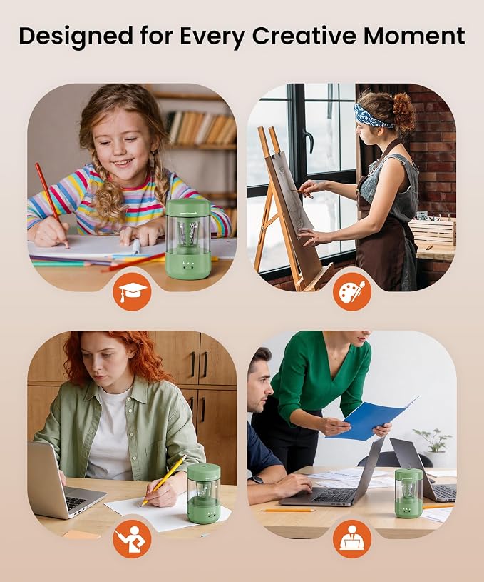 Electric Pencil Sharpener for Classroom, Fully Automatic Pencil Sharpener for 6-8mm Pencils & Colored Pencils, Auto in & Out, Type-C Rechargeable Pencil Sharpeners for Home, School, Green