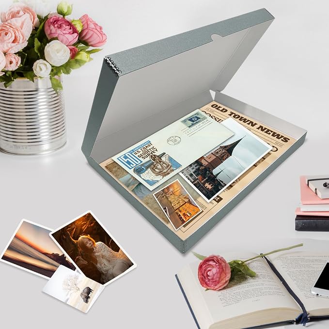 Lineco Clamshell Archival Storage Box, 13.5x19.5x1.75 Inch, Gray | Acid-Free with Metal Edge Boxboard, Organize and Store Photos Documents Cards Negatives Magazine Prints Family Records DIY
