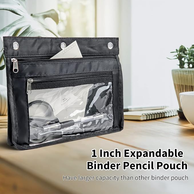 YoeeJob 2 Pack 1 Inch Expandable Zipper Pencil Pouches with Clear Window for 3 Ring Binder, Suitable for School & Office (Black+Blue)