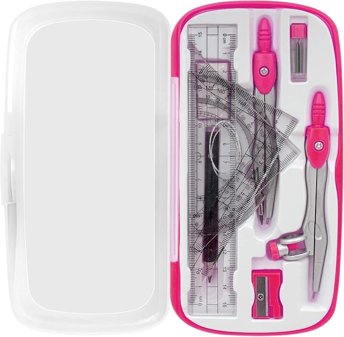 Akuoly Maths Compasses Full Starter Geometry Kit with 2 Drafting Compasses Protractor 2 Set Squares Ruler Pencil and More for Students Maths Study Homework etc. Pink