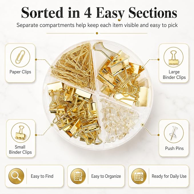 Gold Paper Binder and Clips Set, Metal Assorted Sized Binders with Push Pins, Cute Office Supplies, Teacher Desk Must Haves, Desk Accessories