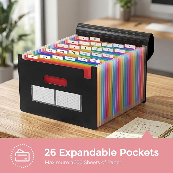 SKYDUE Accordion File Organizer with 26 Pockets & Label Stickers, Expanding File Folders Fit for A4 & Letter Size Paper, Multi-Functional Document Organizer for Home & Office File Management