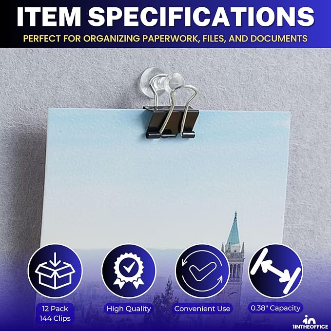 1InTheOffice Small Binder Clips, Paper Clamps, 38" Capacity, Black, 144 Pack
