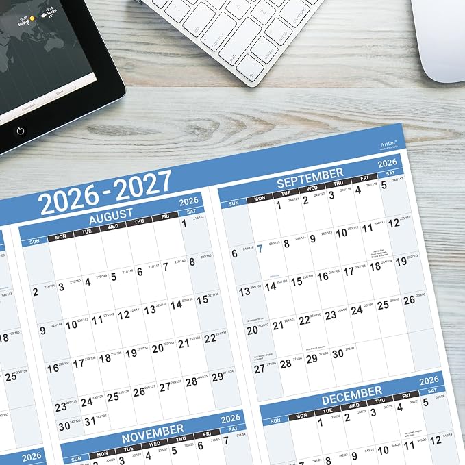 2026-2027 Yearly Wall Calendar - Calendar 2026-2027, July 2026 - June 2027 | Large Wall Calendar 26-27, 34.8" x 22.8"(Open), Full Year Calendar Large, One Page Vertical with Round Stickers - Haze Blue