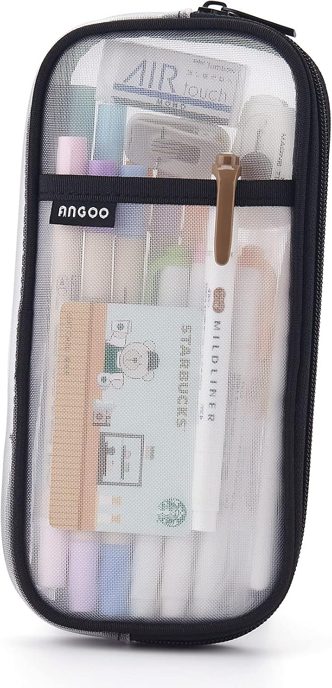 EASTHILL Grid Mesh Pen Pencil Case with Zipper Clear Makeup Color Pouch Cosmetics Bag Multi-Purpose Travel School Teen Girls and Boys Transparent Stationary Bag Office Organizer Box for Adluts(White