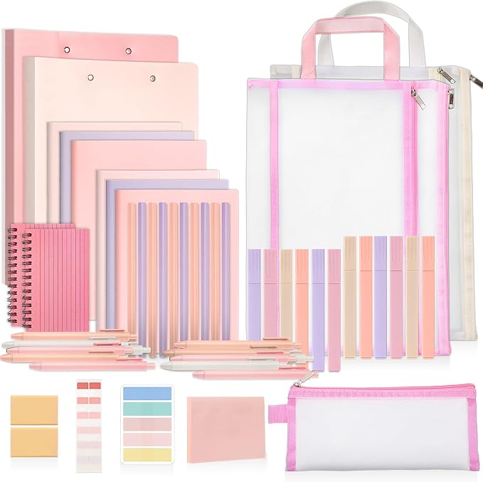 Colarr 54 Pcs Aesthetic College School Supplies Back to School Set,Pink | 3 A5 + 3 B5 Lined Notebook, 12 Gel Pen, 12 Pencil, 12 Highlighter, Sticky Tabs, Folder Storage Bag, Journal Stationery Set