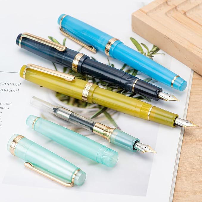 Jinhao 82 Acrylic Fountain Pen, Iridium Fine Nib with Ink Converter, Transparent Lake Blue Classic Design Smooth Writing Pen (Gold Trim)