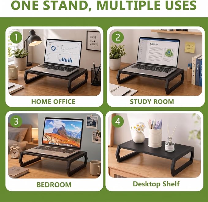 Wenqik Solid Pine Wood Laptop Riser, 14.2" Wooden Laptop Stand for Desk, Monitor Shelf with Keyboard Storage, Minimalist Desktop Organizer for Dorm Room, Home Office, Black(Hexagonal Design)