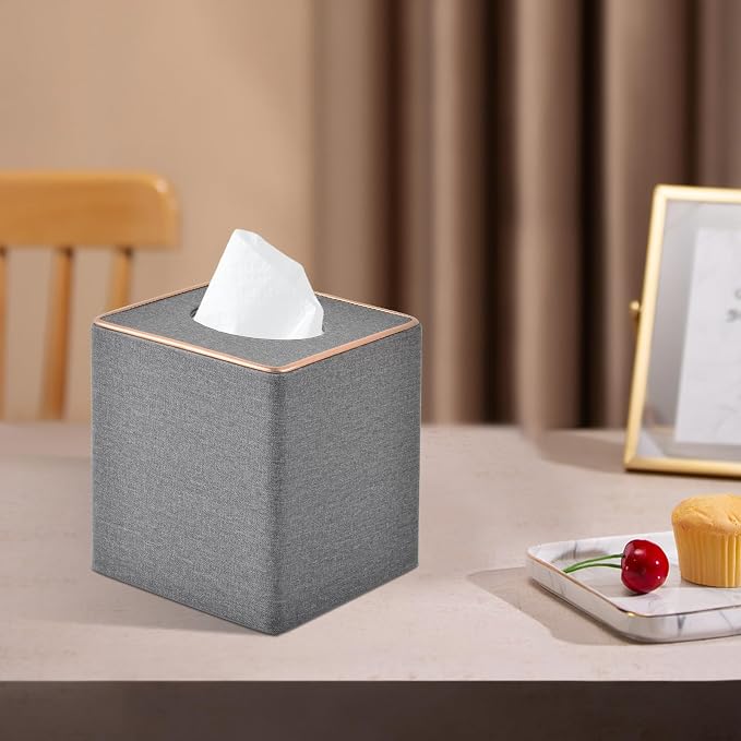 Linen Square Tissue Box Holder Cube Tissue Box Cover-Rosegold Leather Recorate,Napkin Holder Case Dispenser, Tissue Holders with Magnetic Bottom for Home Office Car Hotel Restaurant,Grey