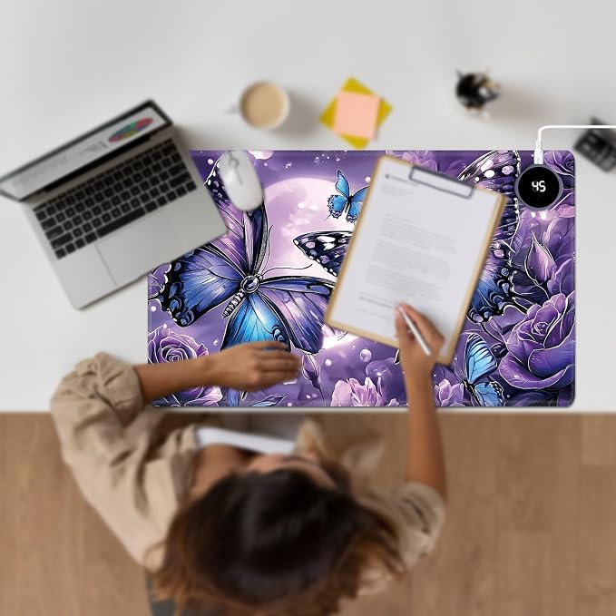 Heated Desk Pad Large Mouse Pad 23.6 x 14.1 inch with 3 Levels Heating & Auto Shut-Off Warm Mouse pad PU Leather Computer Mousepad for Home Office Work - Purple Rose and Butterflies