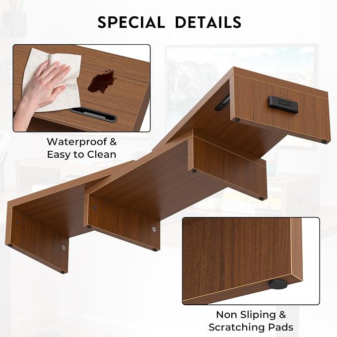 BONTEC Dual Monitor Stand Riser with Smartphone Holder, Adjustable Length & Swivel Angle, Ergonomic Wooden Desktop Organizer for PC Monitor, Laptop, Printer, Large Storage, 42.5 in, Walnut