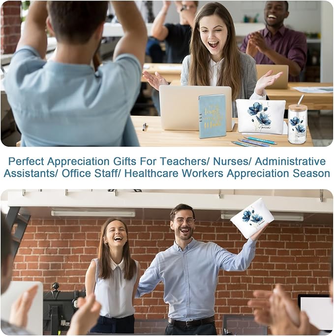 Funnymoom 6 Pcs Appreciation Gifts Set for Women Back to School Teacher Gifts Employee Thank You Gift with 17 oz Glass Tumbler Journal Pens and Pouch for Coworkers Educators(Floral,Blue)
