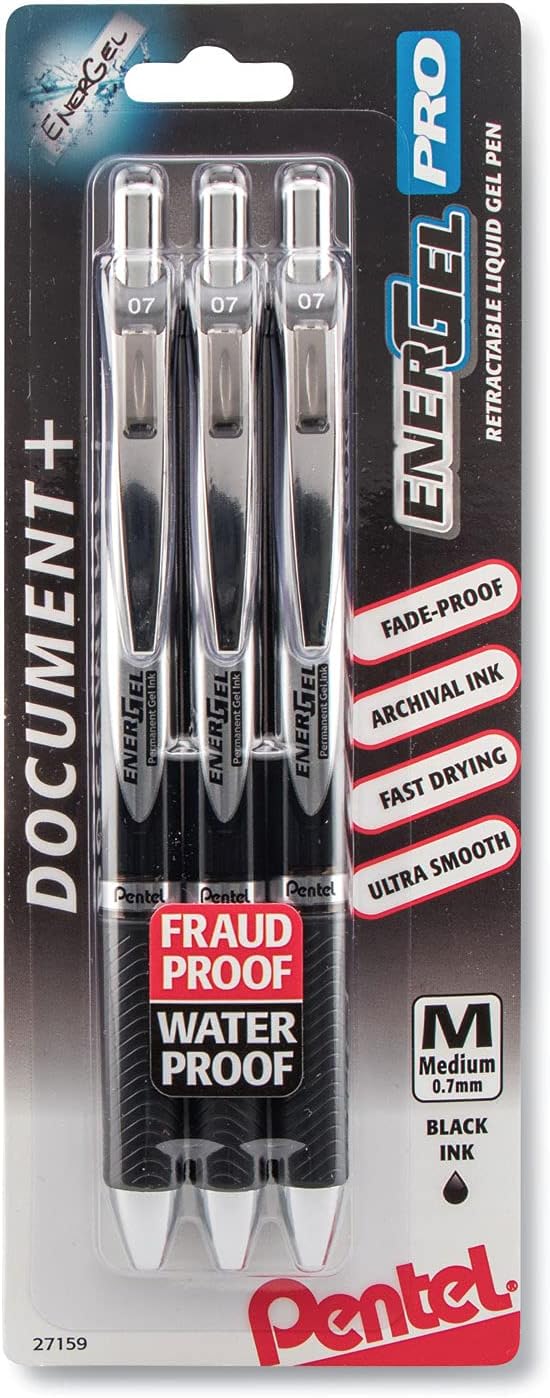 Pentel EnerGel Permanent Gel Ink Rollerball Pen, Black, 3 Pack (BLP77BP3A)