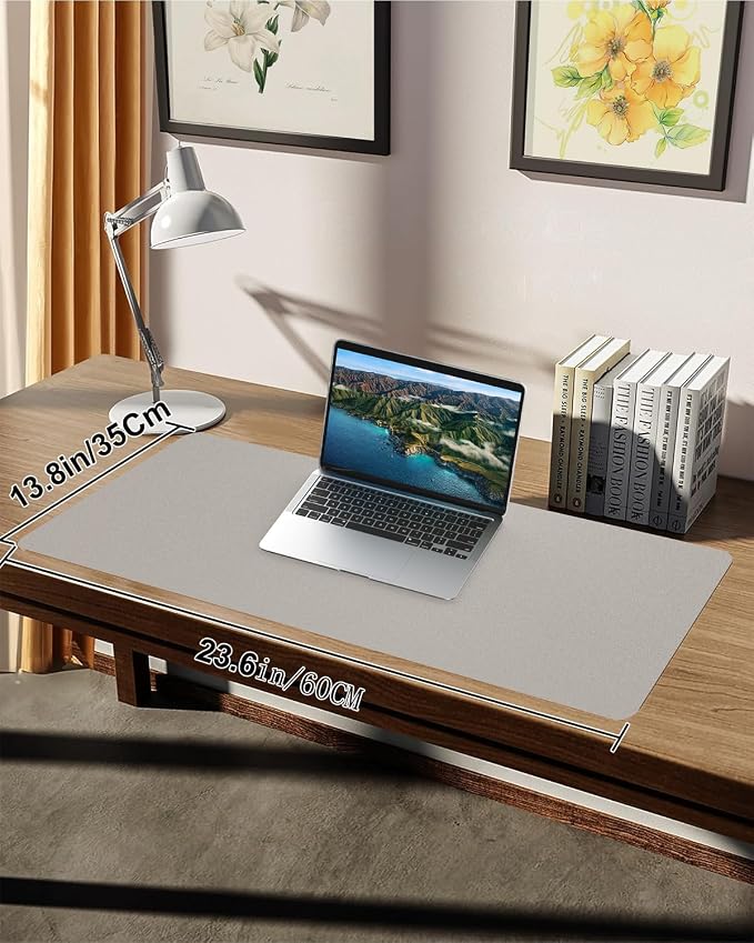 Small Leather Desk Mat, Mouse Pad, Laptop Mat, Non-Slip PU Leather Blotter, Waterproof Writing Pad for Office/Home (23.6"x13.8", Light Grey)