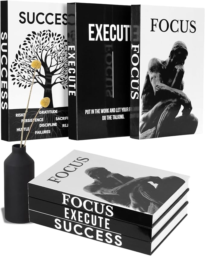Motivational Decorative Books Set of 3 - Faux Books for Home Office Decor | Black white fake books for decoration with magnetic hidden storage box for office desk, coffee table, bookshelf, tv stand