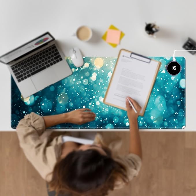Heated Desk Pad Large Mouse Pad 31.5 x 13 inch with 3 Levels Heating & Auto Shut-Off Warm Mouse pad PU Leather Computer Mousepad for Home Office Work - Green Glitter