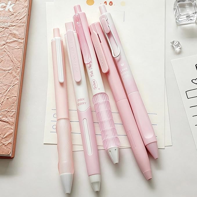 10Pcs Cute Pink Retractable Gel Pens 0.5mm Black Ink Pen for Women Girls