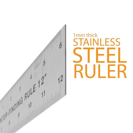 Peachtree Stainless Steel Metal Ruler 12”, Center Finding Measuring Tool with Dual Scale, Precision Metal Measuring Ruler for Woodworking, Layout & Construction