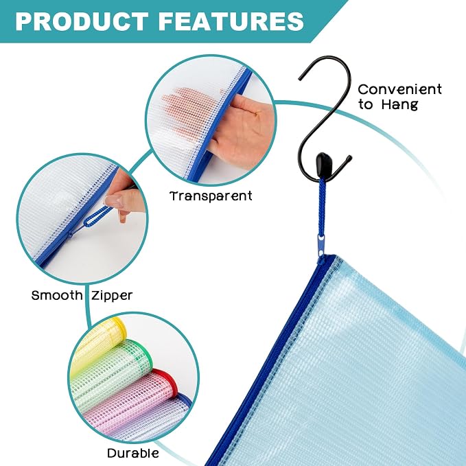 Mesh Zipper Pouch Bags - 5Pack A6 Waterproof Small Zipper Bags 4.7x9.3 Inch Clear Mesh Storage Pouches Assorted Colors for Home, Office, Travel, Receipts, Puzzles, Cosmetic