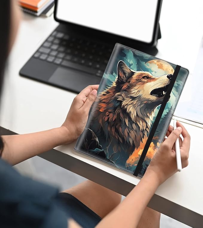 A5 Leather Lined Journal Notebook, 200 Pages Hardcover Executive Notebook for Men Women Office School Note Taking, Thick Writing Paper Daily Journal with Bookmarks/Indexes, Wolf