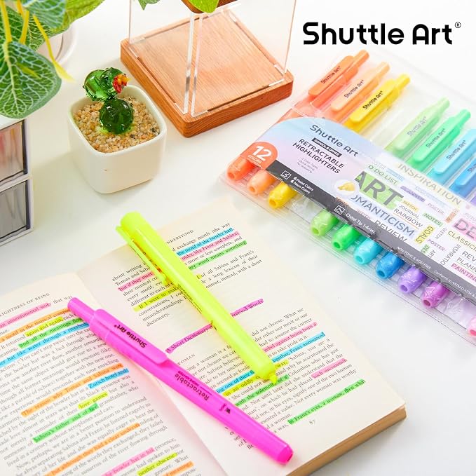 Shuttle Art Retractable Highlighters Assorted Colors, 12 Colors(6 Pastel & 6 Neon) Chisel Tip Fluorescent Markers, Quick-Dry Aesthetic Highlighter Pens for Adults, Perfect for School Office Home