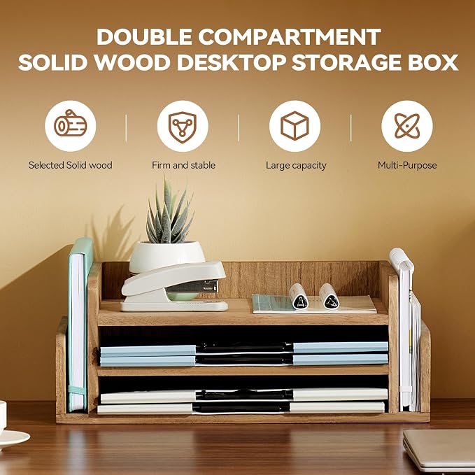 KIRIGEN Wood Desk Organizer, 5-Tray Letter Tray and Mail Sorter, Brown 2TP | Solid Wood 3-Tier Desktop Organizer with 5 Storage Areas for Mail, Folders, Letter Paper and Office Supplies, Fully Assembled