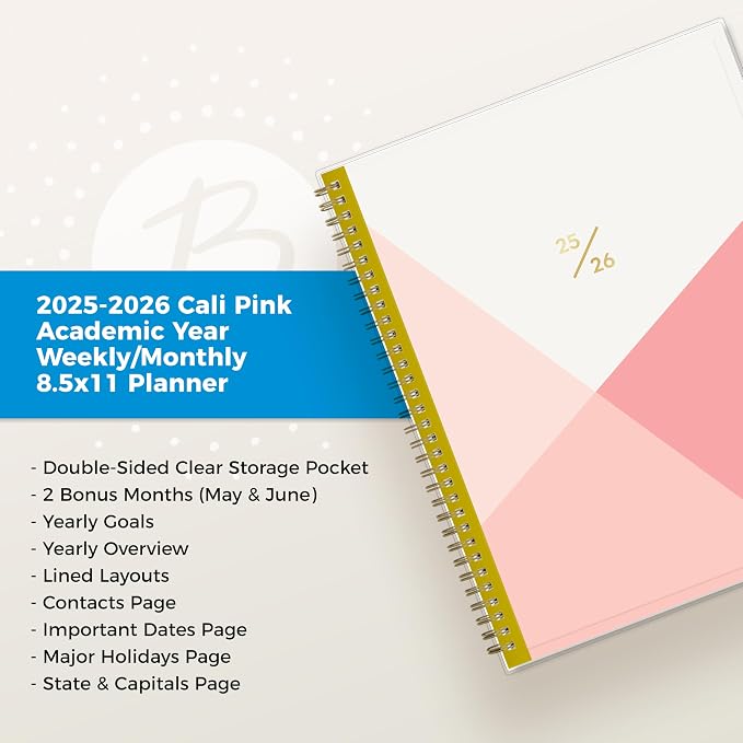 Blue Sky 2025-2026 Weekly & Monthly Academic Planner, 8.5"x11", Cali Pink | July 2025 - June 2026, Flexible Pocket Cover, Wirebound, Storage Pocket, Academic Year