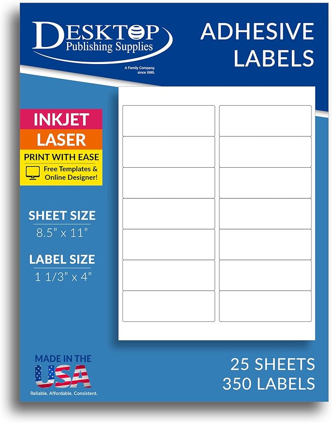 White Address Labels 1 1/3" x 4" Mailing Shipping Stickers - 350 Labels | Printable Matte Labels Permanent Adhesive For Mailing, Shipping, Product Labeling, Organization, And Packaging
