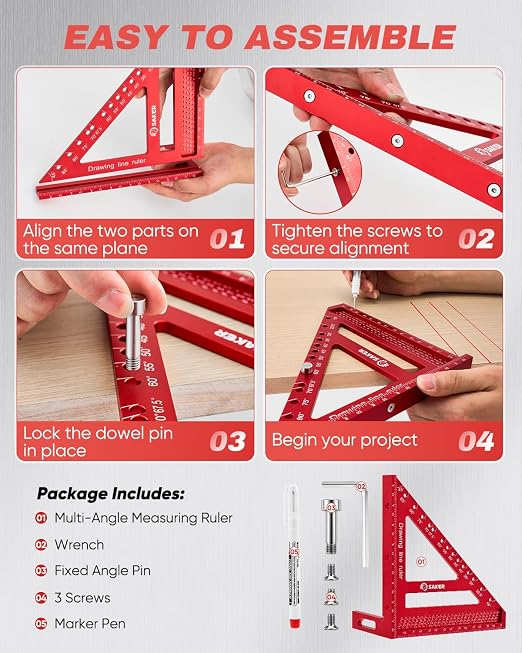 Saker 8.5Inch 3D Multi-Angle Measuring Square Ruler, Aluminum Alloy Carpenter Square,Precision Hole Scribing Ruler with Angle Pin for Woodworking, Engineering, and Construction Projects
