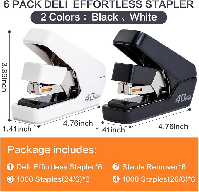 Deli Stapler, Effortless Staplers for Desk, 6 Pack, Black&White | 40 Sheet Capacity Heavy Duty, One Touch, No Effort, Easy to Load, With 12000 Staples & Staple Removers