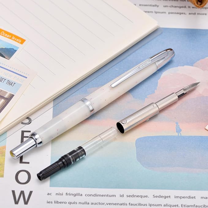 Jinhao 20 Press Retractable Fountain Pen Fine Nib with Converter Resin Writing Gift Pen, White Snow with Silver Clip