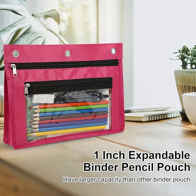 YoeeJob 2 Pack 1 Inch Expandable Zipper Pencil Pouches with Clear Window for 3 Ring Binder, Suitable for School & Office(Rose red)