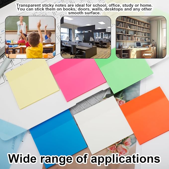 300 Sheets Clear Transparent Sticky Notes, Colorful Waterproof Notepad, Translucent Adhesive Memo Pads for Annotating Books, School & Office Supplies