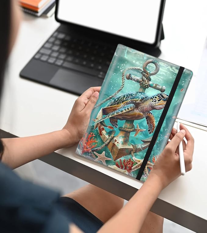 A5 Leather Lined Journal Notebook, 200 Pages Hardcover Executive Notebook for Men Women Office School Note Taking, Thick Writing Paper Daily Journal with Bookmarks/Indexes,Turtle Fish Anchor