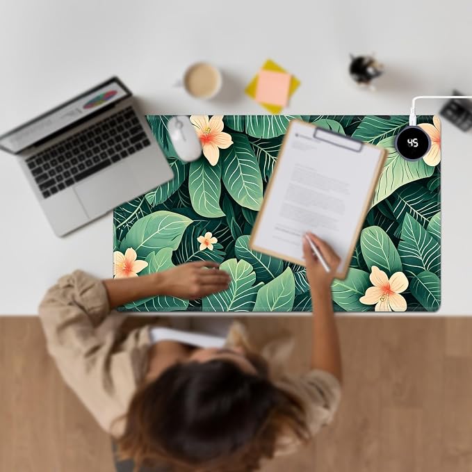Heated Desk Pad Large Mouse Pad 23.6 x 14.1 inch with 3 Levels Heating & Auto Shut-Off Warm Mouse pad PU Leather Computer Mousepad for Home Office Work - Green Leaf Flowers