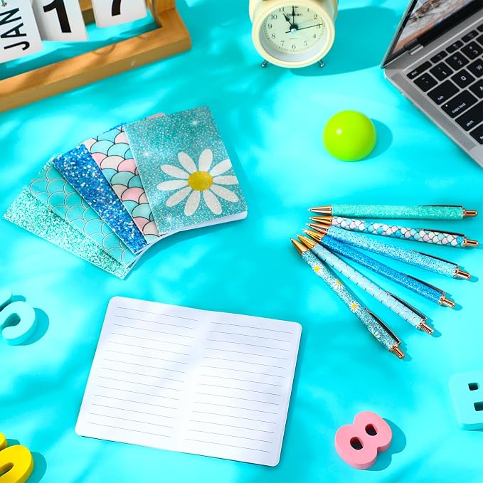12 Set Cute Mini Notebook and Fancy Pen Gift Set for Women 6 Mini Glitter Pocket Notepad 6 Cute Sparkly Glitter Pen for Girl Office First Day of School Mother's Day Christmas Graduation(Blue)