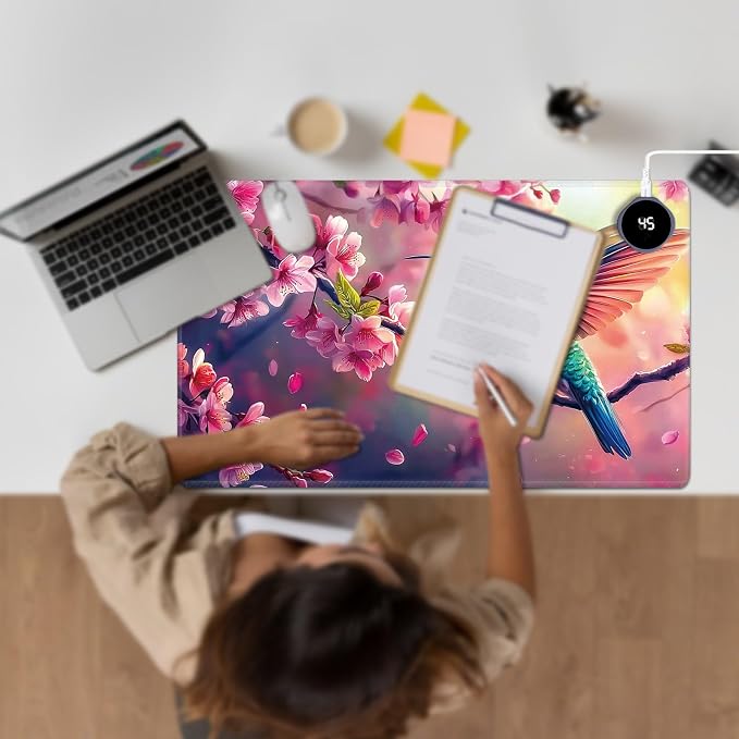 Heated Desk Pad Large Mouse Pad 23.6 x 14.1 inch with 3 Levels Heating & Auto Shut-Off Warm Mouse pad PU Leather Computer Mousepad for Home Office Work - Cherry Blossom and Hummingbird