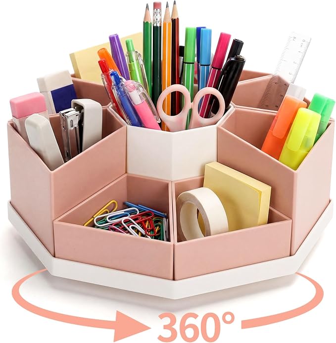 Pajean Rotating Desk Organizer Caddy with 9 Compartments Detachable Rotating Pencil Pen Holders for Desk, 9 Slots 360 Degree Desktop Stationery Art Supplies Makeup Storage Organizer Gift(Pink)