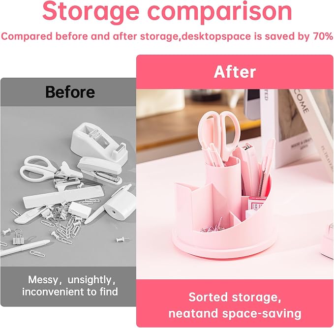 deli Office Supplies Set, Pink Desk Accessory Organizer Kit, Stapler Set, Rotating Multi-Functional Pen Holder, Tape Dispenser, Pens, Binder Clips, Sharpener, Scissor, Eraser, Pink Office Supplies