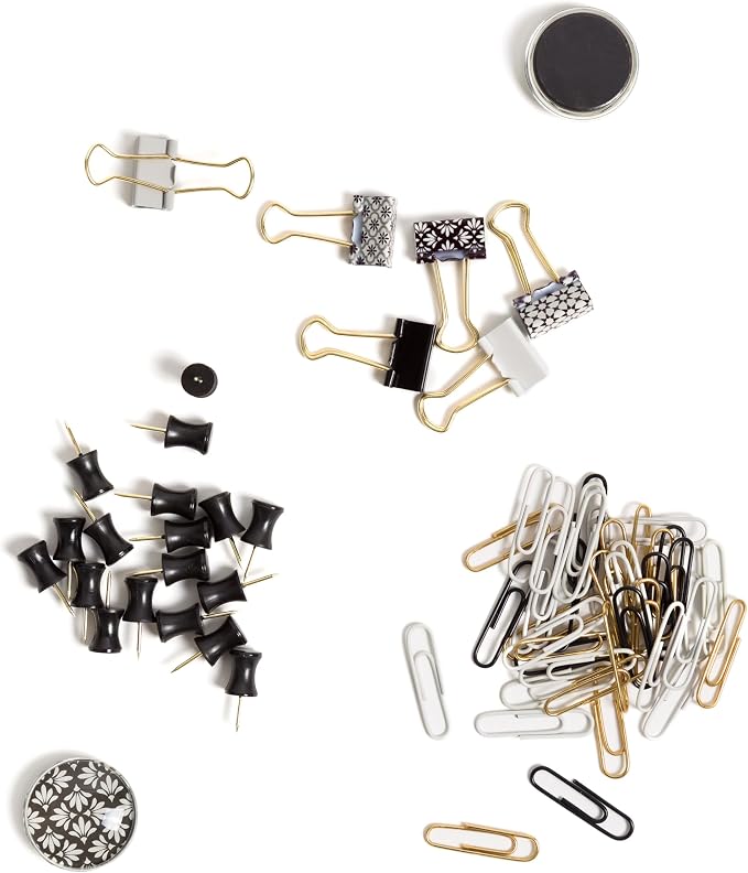 U Brands Office Accessory Kit, Office Supplies, Includes 2 Magnets, 6 Small Binder Clips, 36 Paper Clips, and 24 Standard Push pins, Moroccan Monochrome