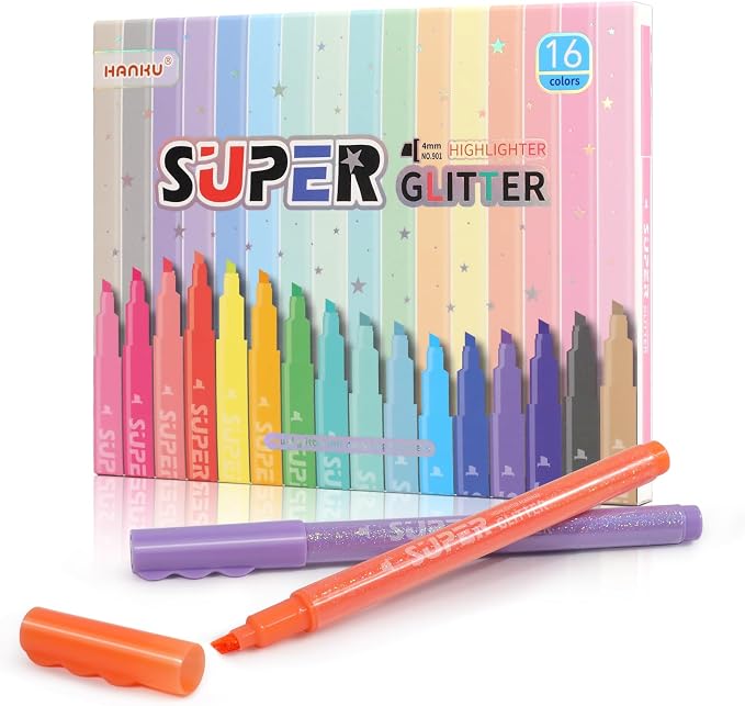 HANKU Glitter Highlighter Markers, 16-Count, Chisel Tip Glitter Highlighters Assorted Colors, Sparkly Markers for Adult Coloring Journaling Art Supplies