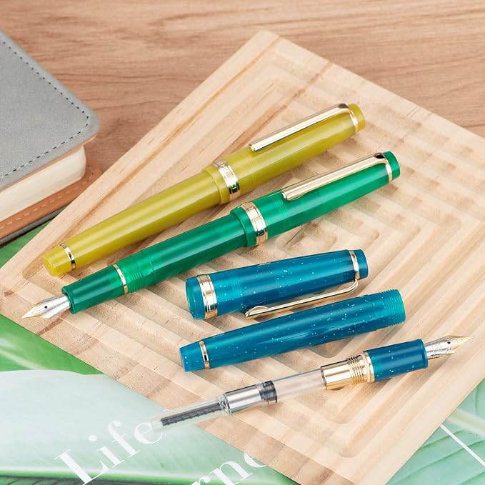 Jinhao 82 Acrylic Fountain Pen, Iridium Fine Nib with Ink Converter, Transparent Peacock Blue Fluorescent Classic Design Smooth Writing Pen (Gold Trim)
